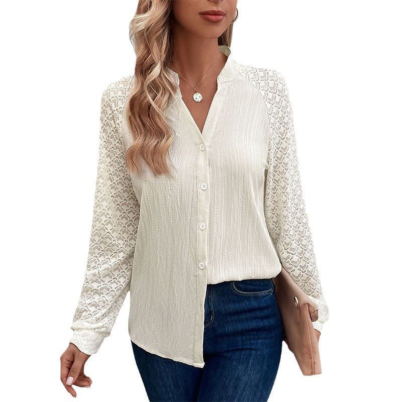 Women's Blouse with Elegant Lace Sleeves and Textured Fabric