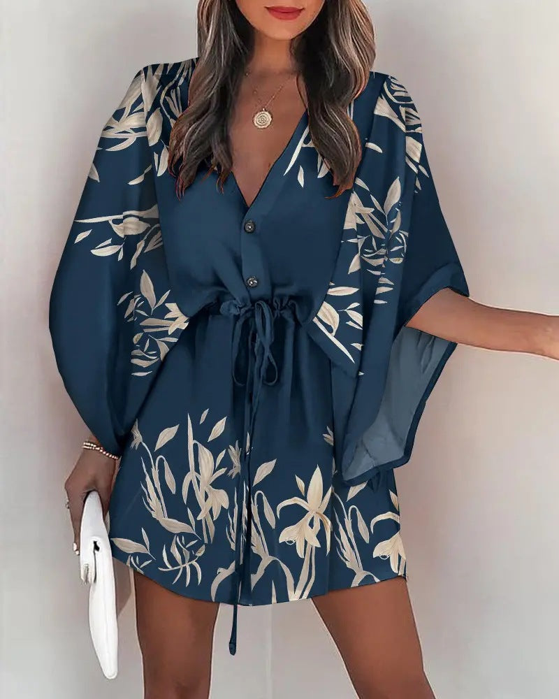 Women's Beach Dress with Elegant Waist Tie and Unique Pattern