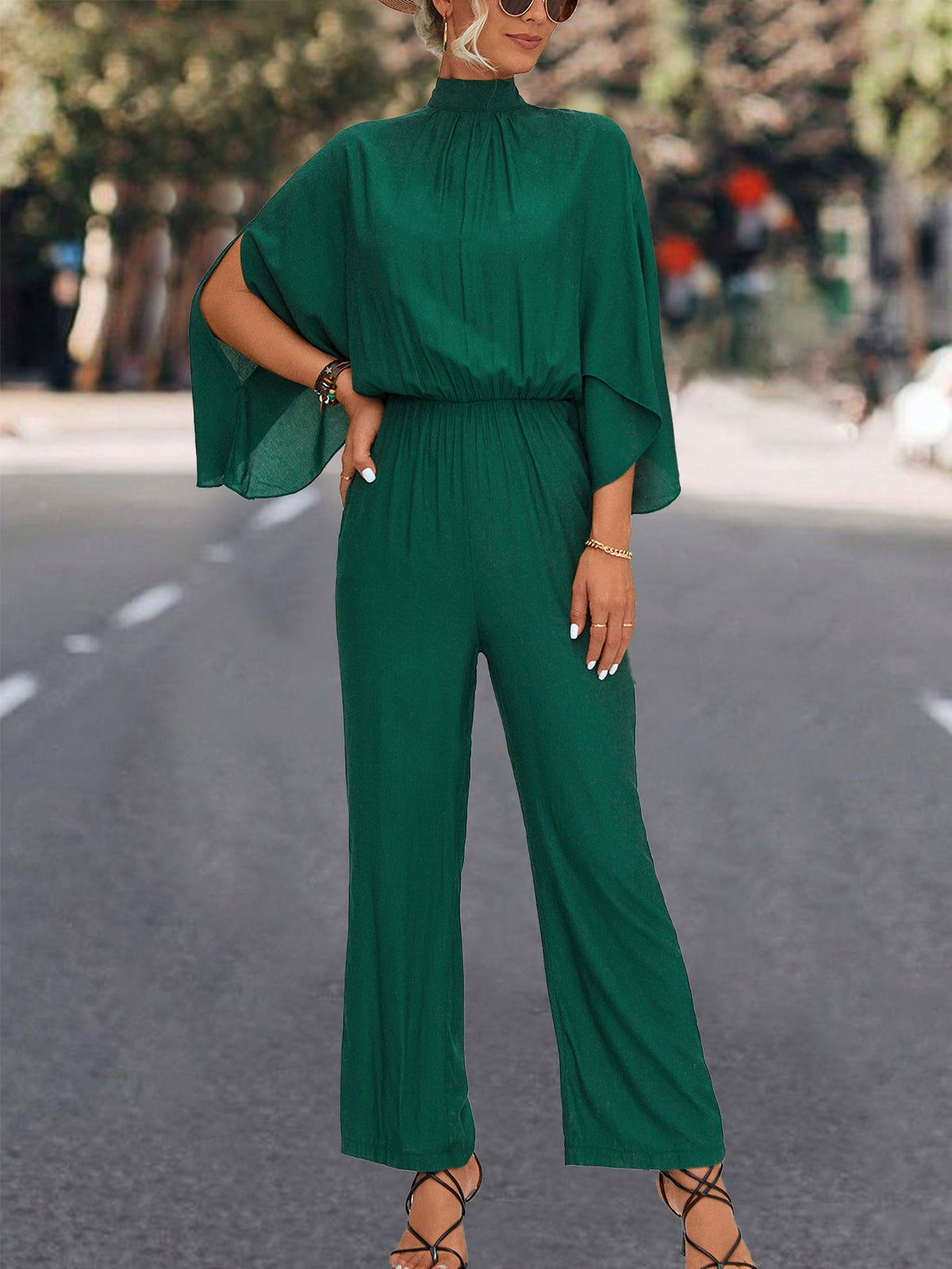 Elegant Women's Jumpsuit with Flowing Cape Design and High Neckline