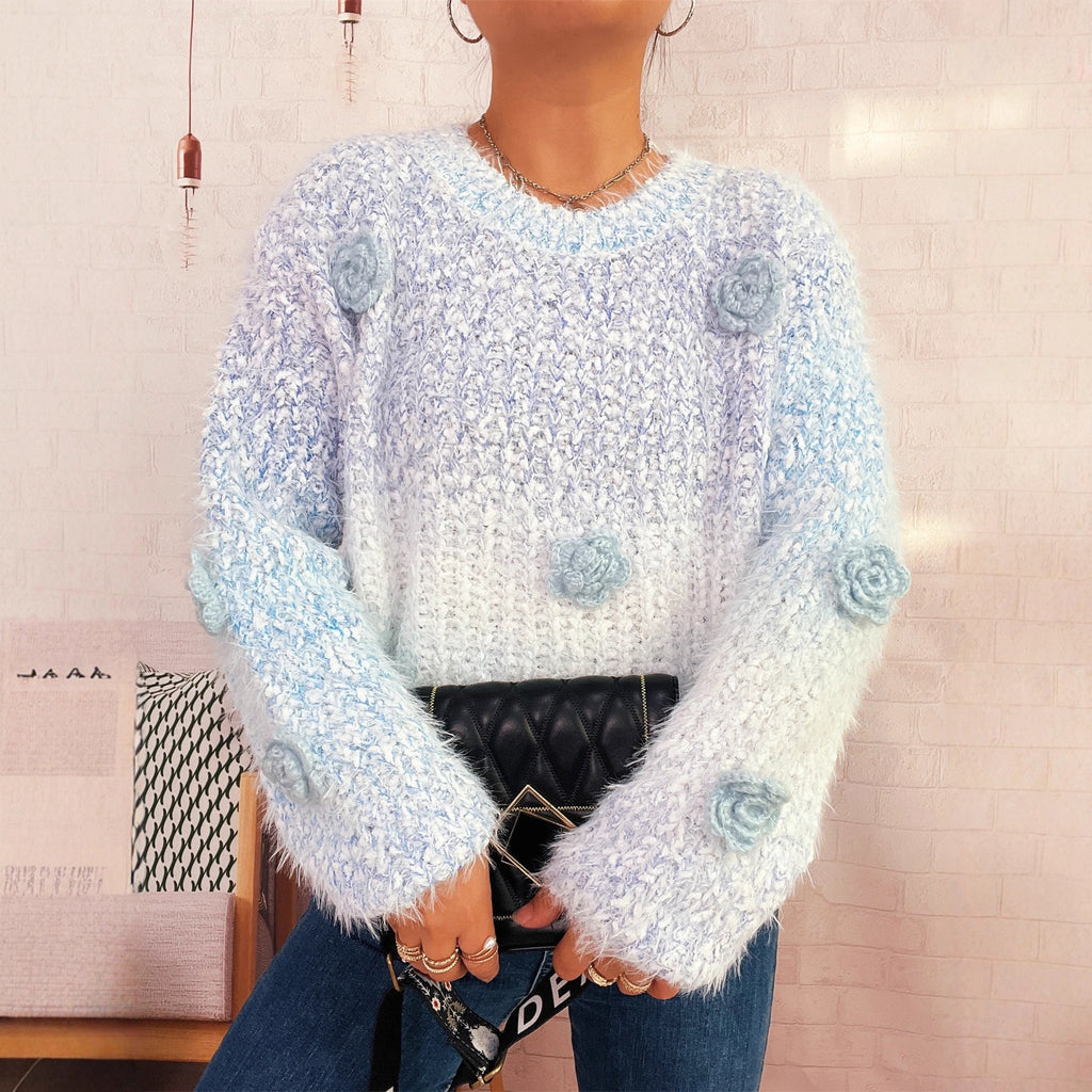 Cozy Fluffy Sweater with Playful Floral Appliqués