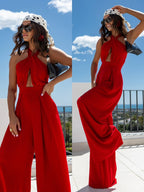Women's Deep V-Neck Wide-Leg Jumpsuit