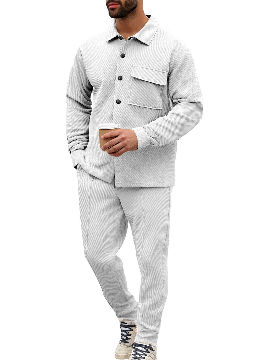 Men's Shirt Jacket Set with Flap Pocket and Tapered Trousers