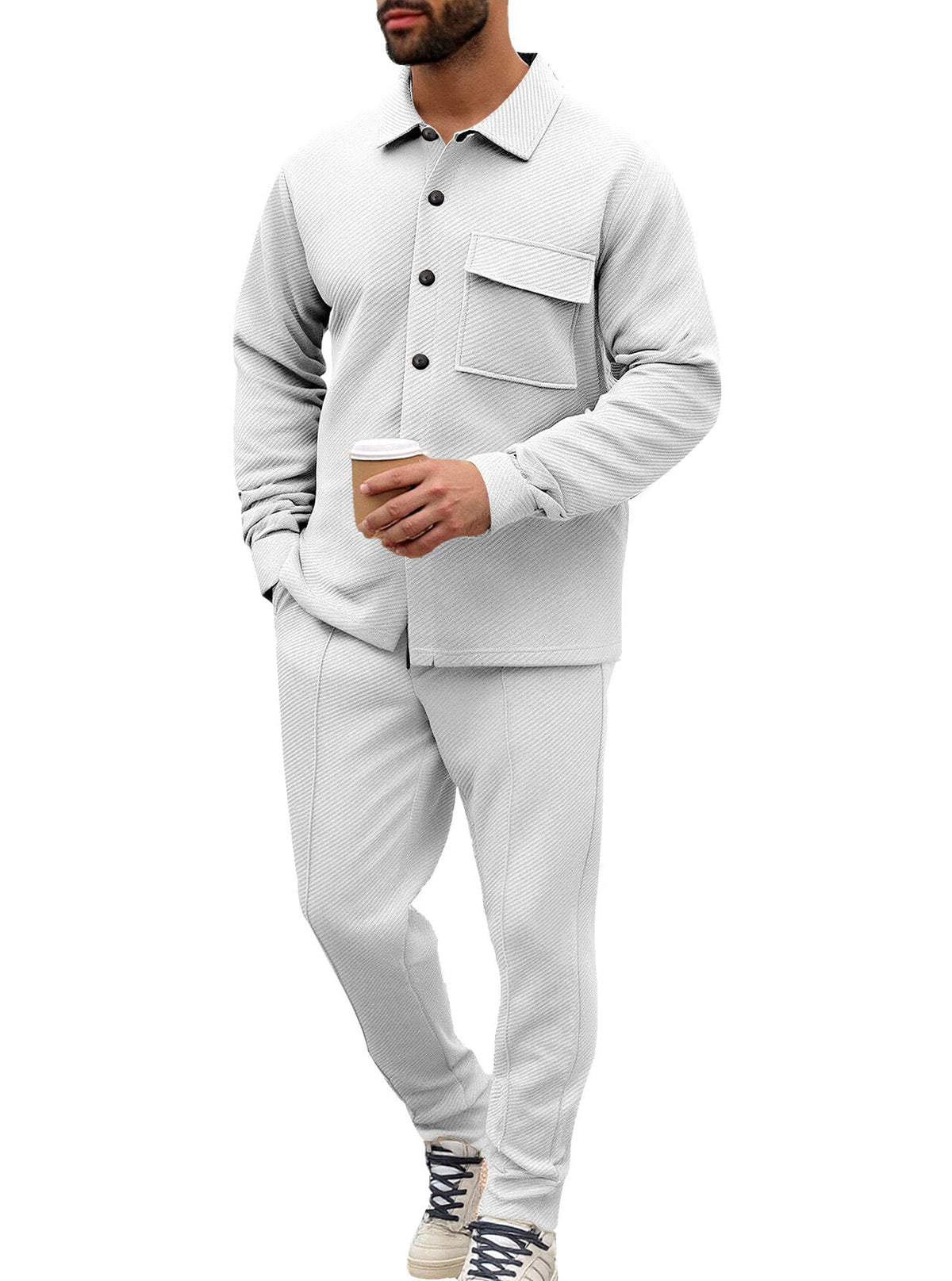 Men's Shirt Jacket Set with Flap Pocket and Tapered Trousers