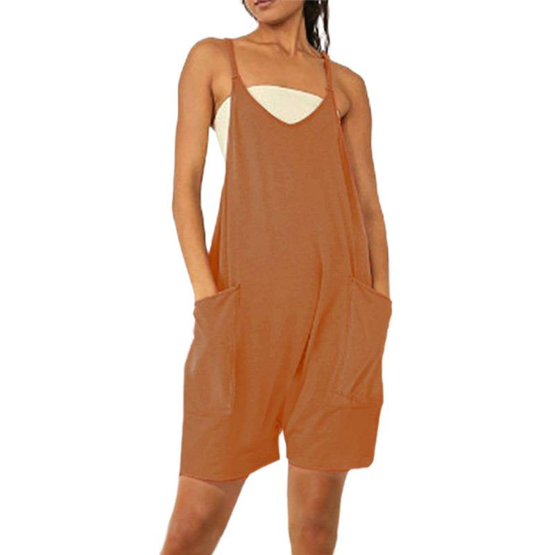 Women's Casual Jumpsuit with Deep Neckline and Practical Pockets