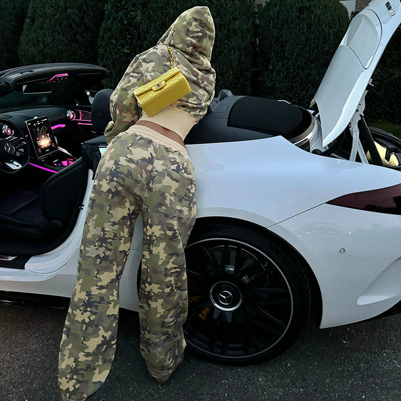 Unformal Contrast Color Overall Hoodie Long Sleeve Sweatshirt Pants Two Piece Camouflage Cardigan Pants Set
