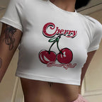 Women's Crop T-Shirt with Fruity Cherry Design and Loose Cut