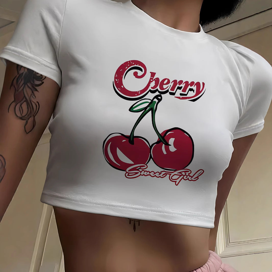 Women's Crop T-Shirt with Fruity Cherry Design and Loose Cut
