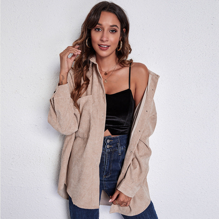 Women's Corduroy Shirt Blouse with Button Closure