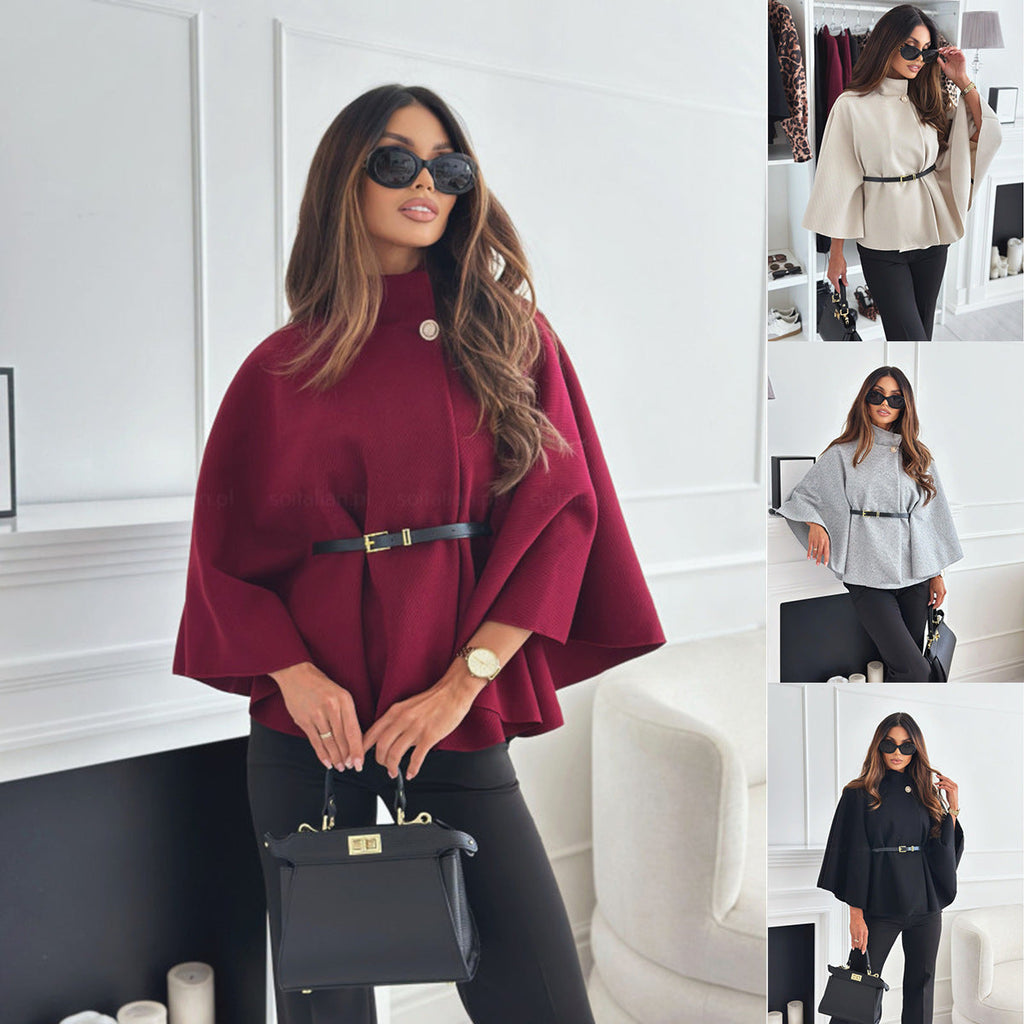 Women's Cape Jacket with Stylish Belt and Elegant Texture