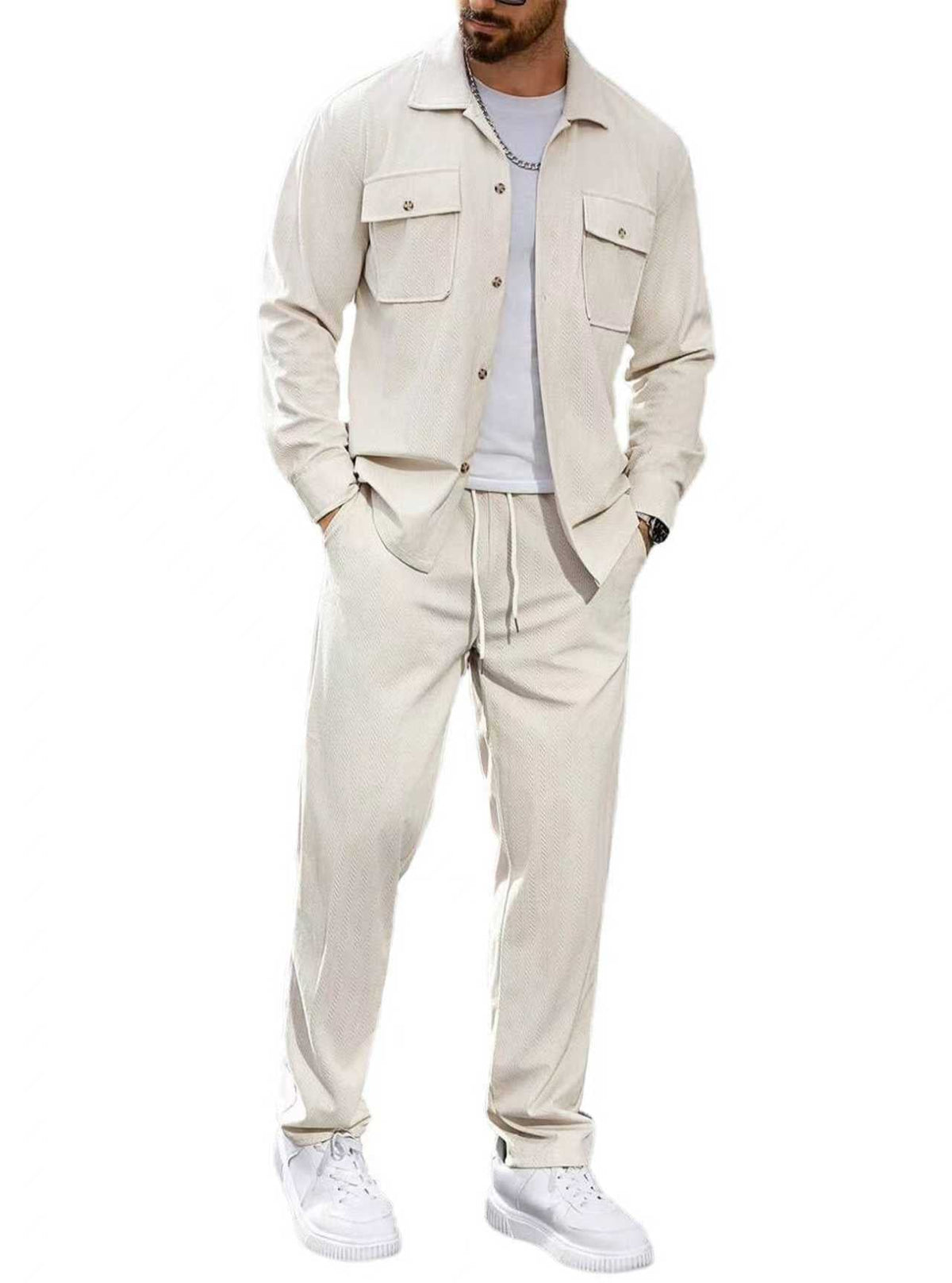 Men's Casual Two-Piece Shirt Jacket and Drawstring Pants Set