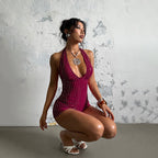 Women's Bodycon Jumpsuit with Deep V-Neck and Shimmering Accents