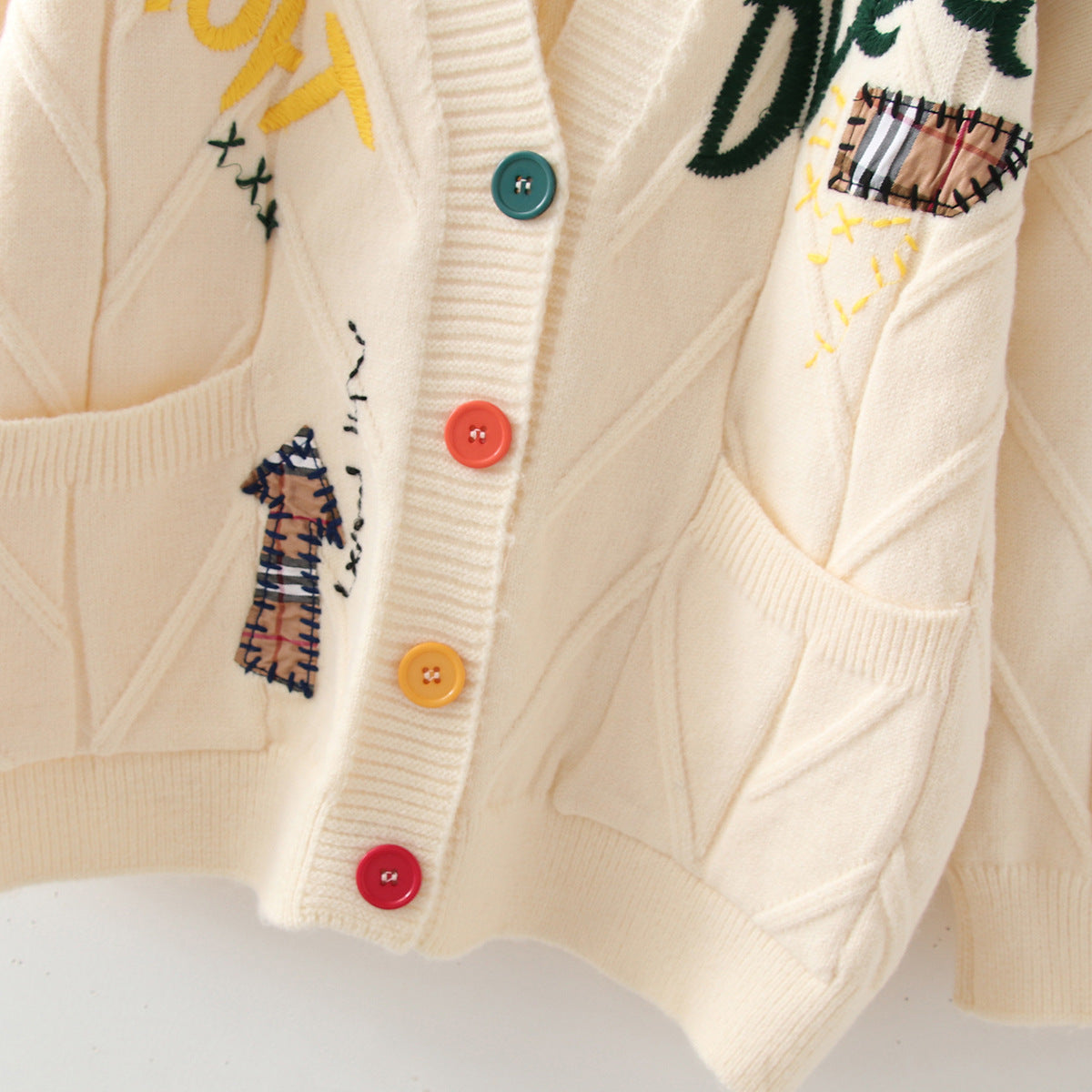 Women's Patterned Knit Cardigan with Unique Embroidery and Colorful Buttons