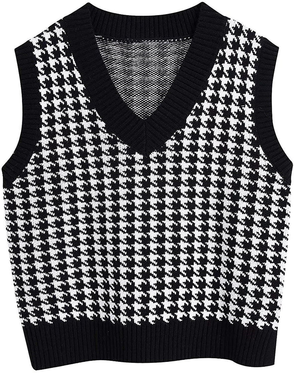 Women's Sleeveless Knit Vest with Modern Houndstooth Pattern