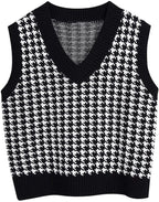 Women's Sleeveless Knit Vest with Modern Houndstooth Pattern