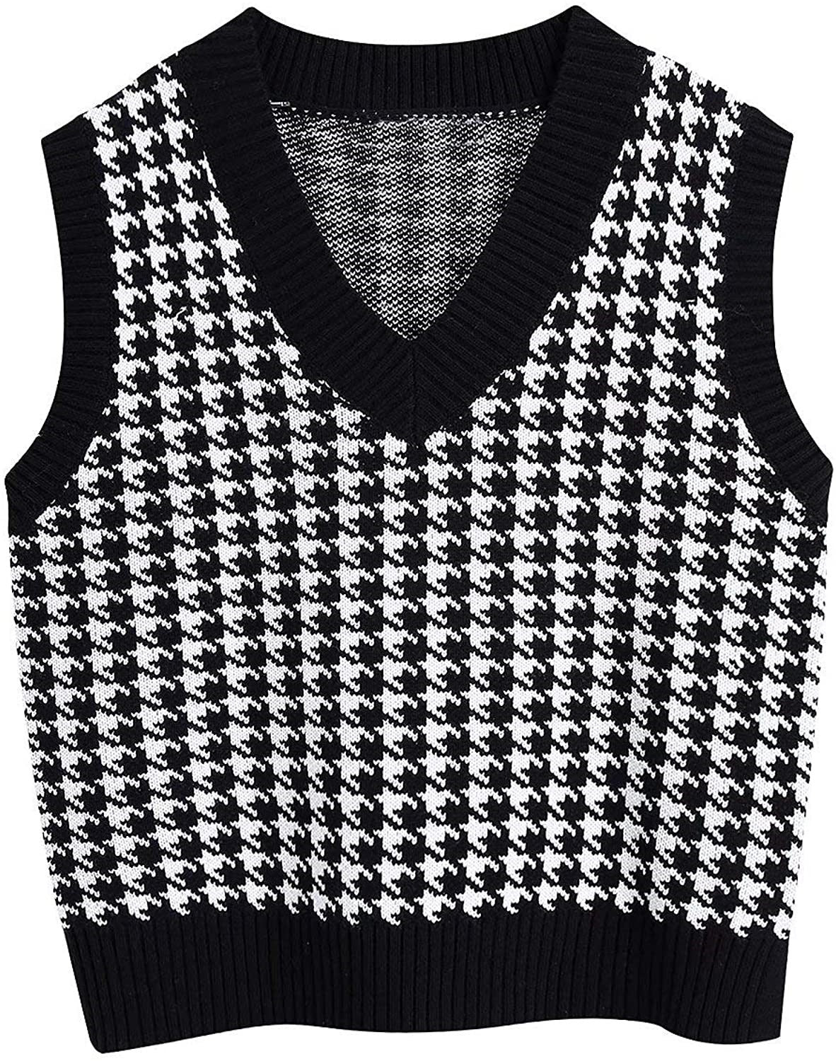Women's Sleeveless Knit Vest with Modern Houndstooth Pattern
