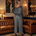 Elegant Women's Glitter One-Shoulder Jumpsuit with Wide Leg and Elastic Waist