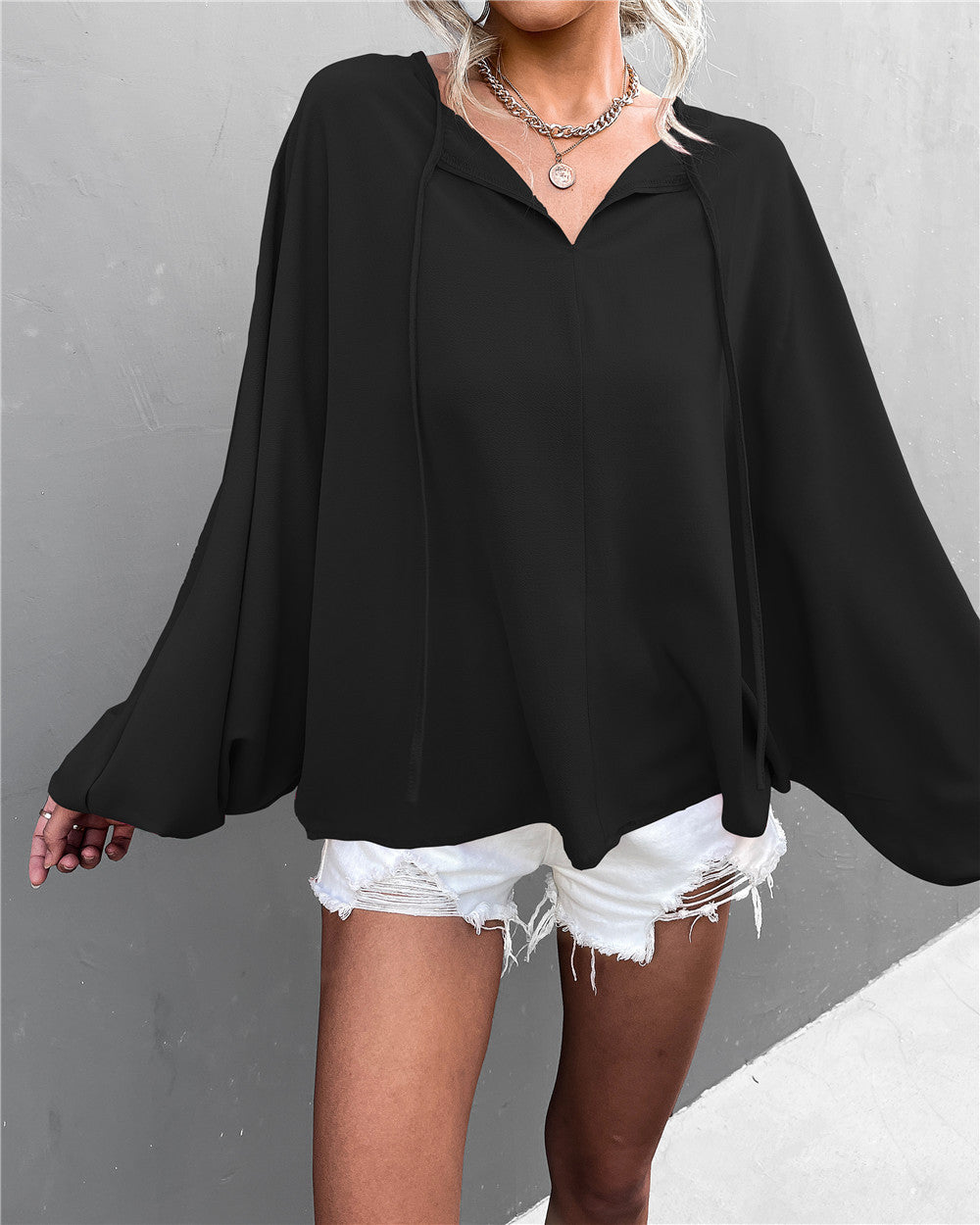 Women's Airy Blouse with Wide Sleeves and Bow Detail