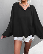 Women's Airy Blouse with Wide Sleeves and Bow Detail
