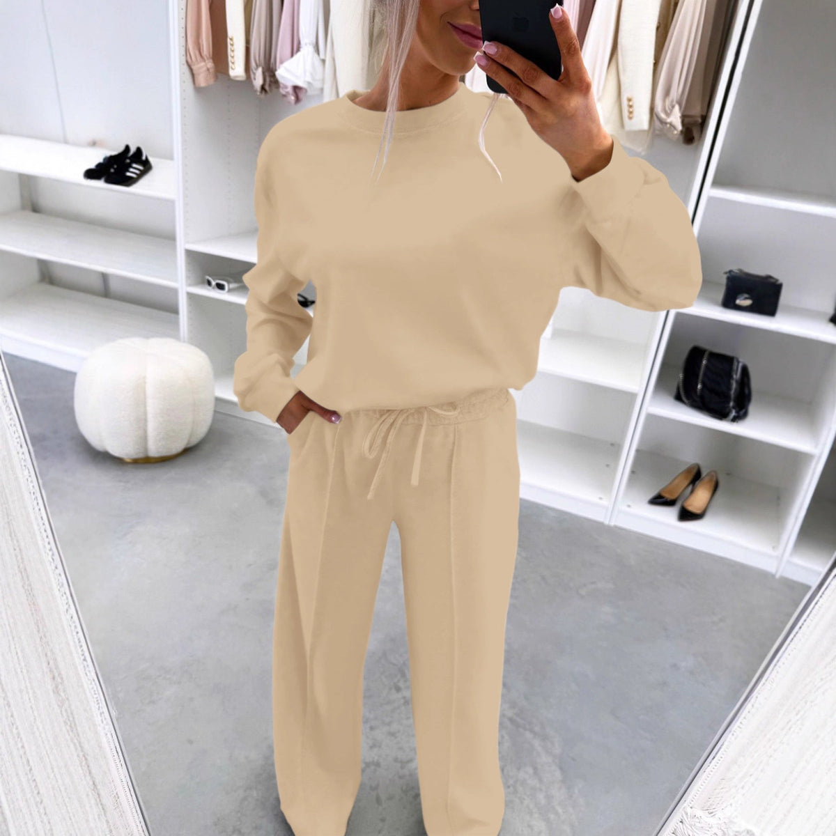Women's Casual Loungewear Set with Oversize Batwing Sweater and Wide Jersey Pants
