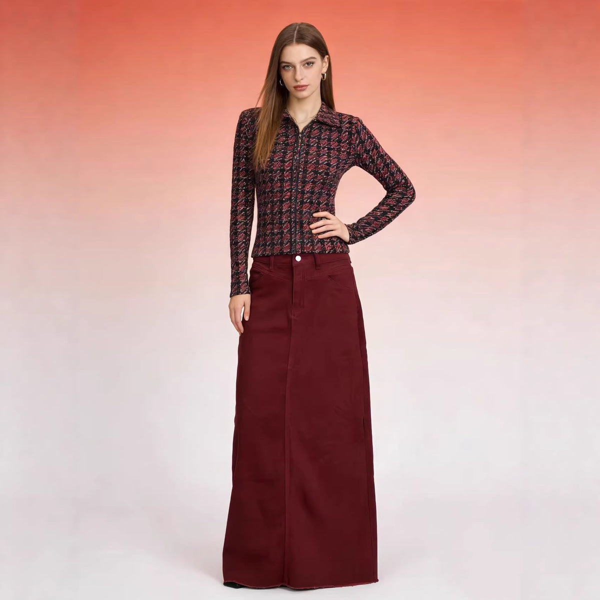Women's High-Waisted Denim Maxi Skirt with Frayed Hem