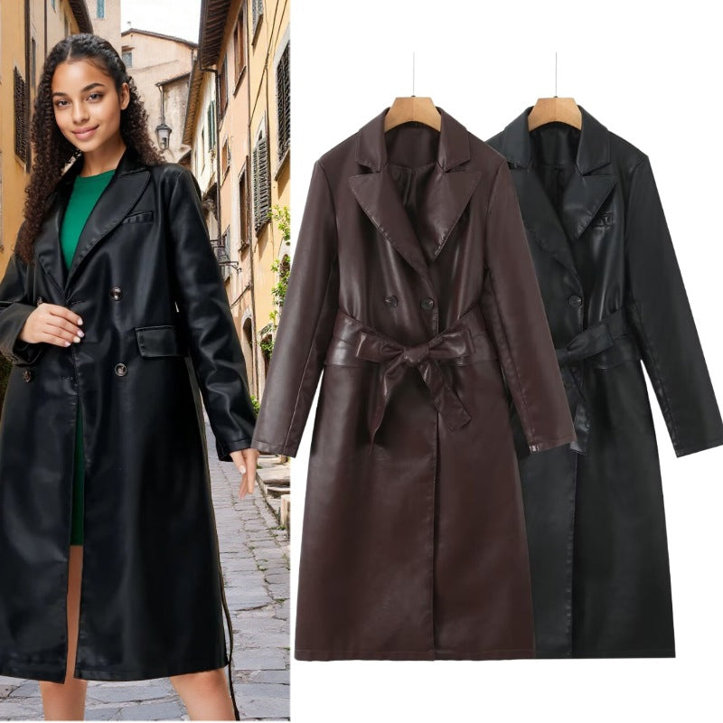 Women's Faux Leather Trench Coat with Waist Belt and Elegant Pocket Seams
