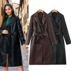 Women's Faux Leather Trench Coat with Waist Belt and Elegant Pocket Seams