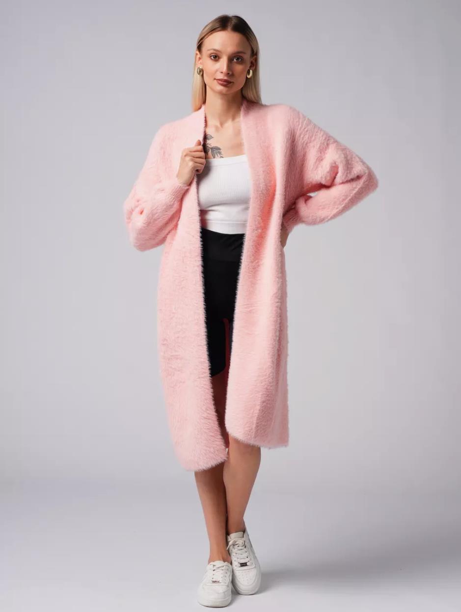 Women's Fluffy Long Knit Coat with Side Slit and Loose Fit