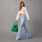 Women's Flared Jeans with Frayed Hem and Washed Effect