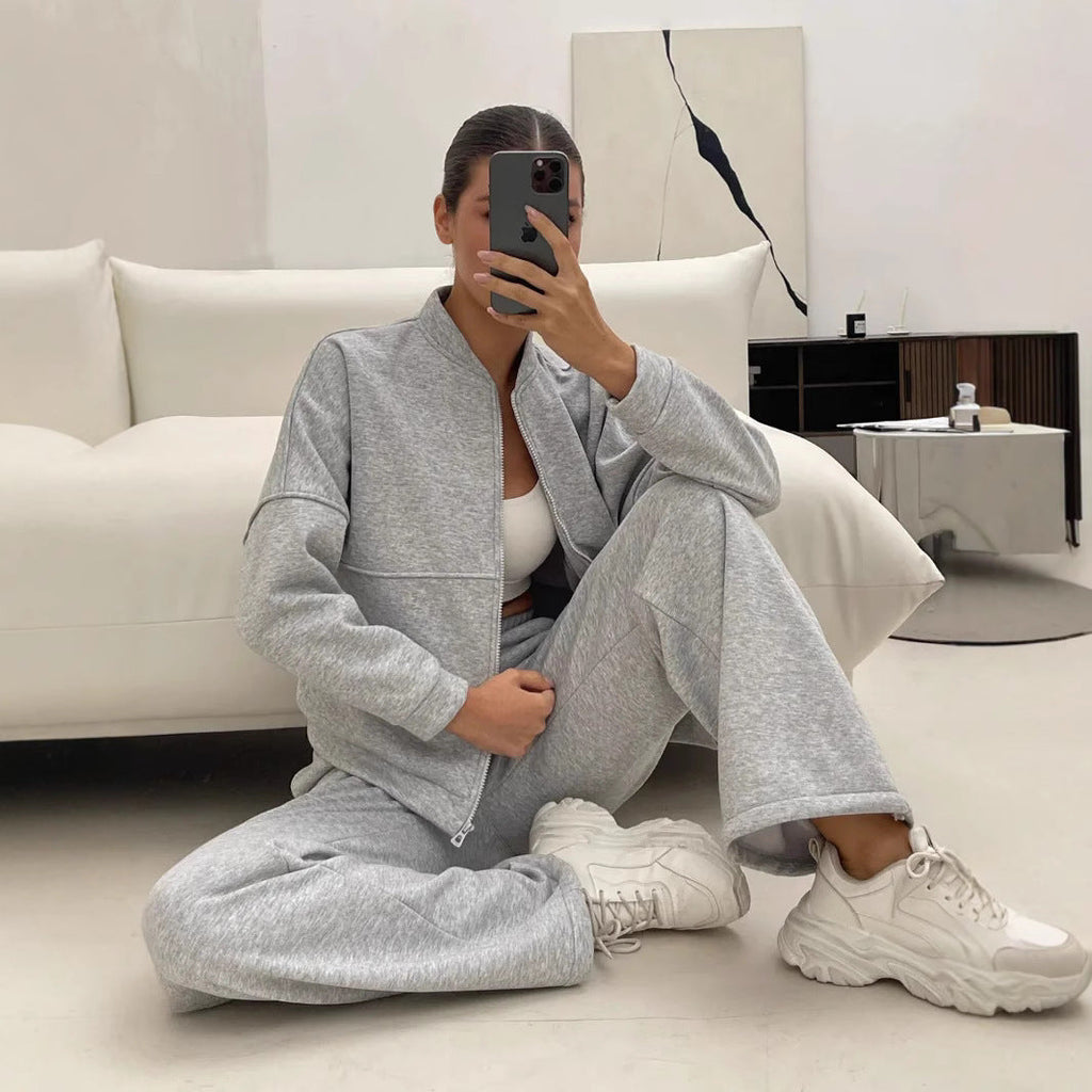 Women's Casual Zip Lounge Set with Stand Collar and Wide High-Waist Joggers