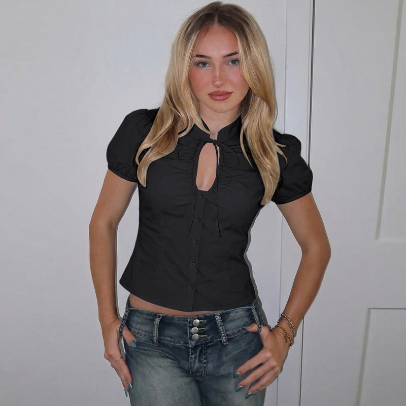 Women's Blouse with Ruffle Details and Decorative Bow