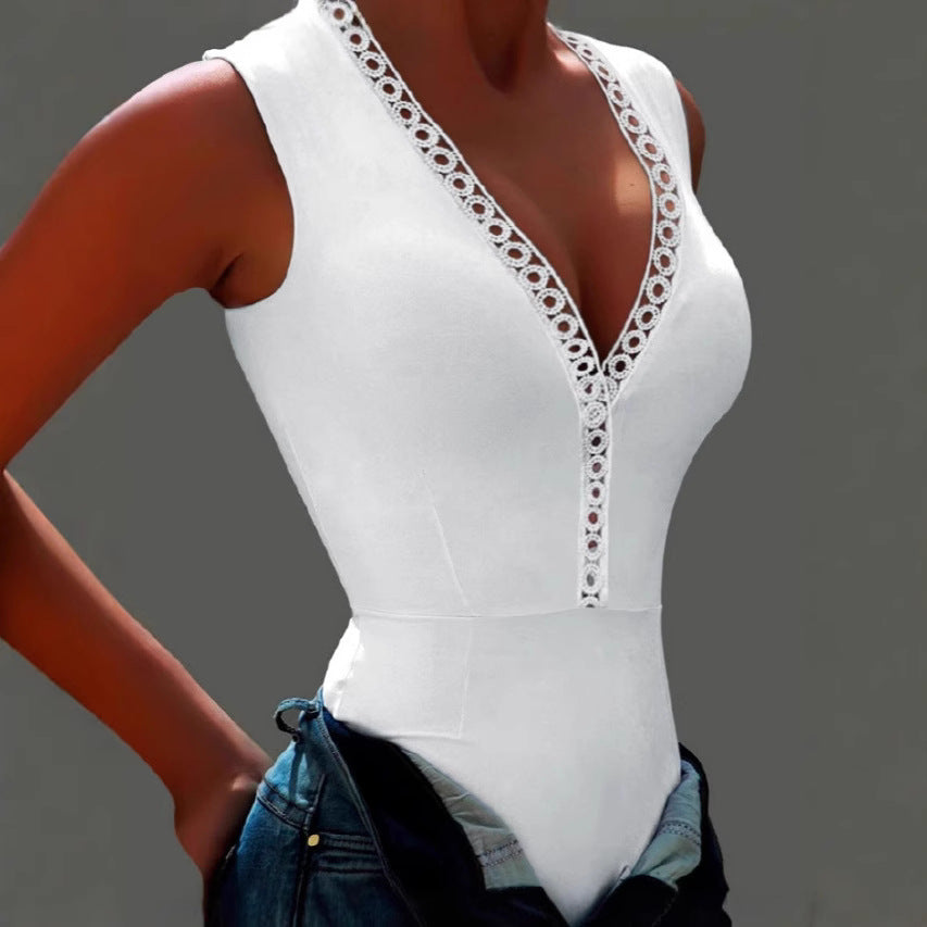 Women's Bodysuit with Decorative V-Neck and Lace Trim