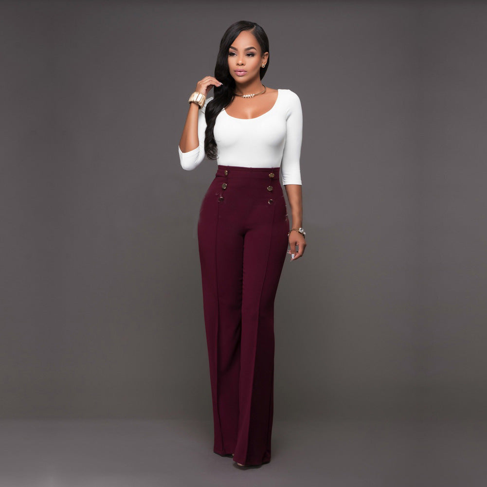 Women's High-Waisted Palazzo Pants with Decorative Buttons