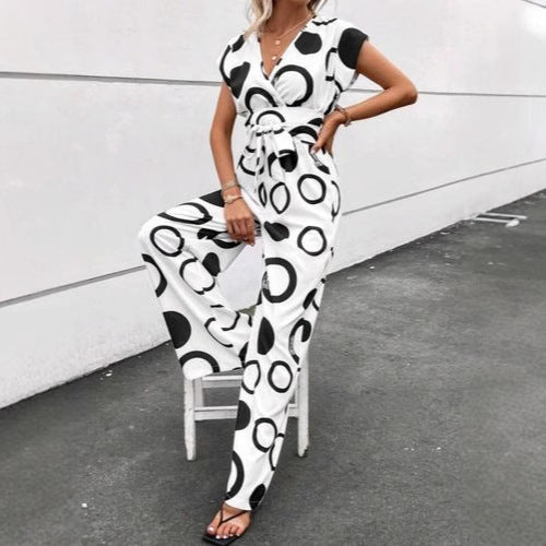Women's Jumpsuit with Modern Circle Pattern and Waist Belt