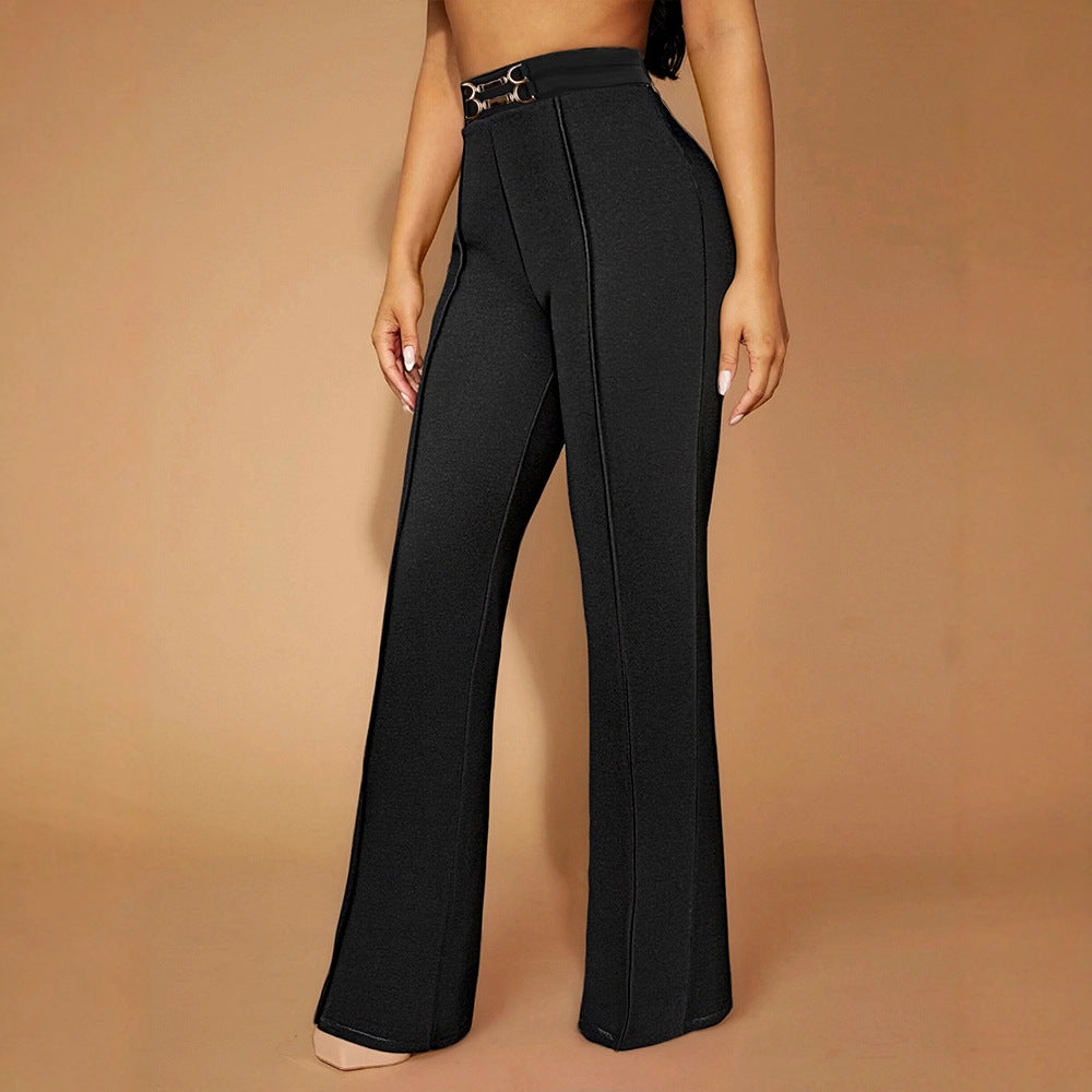 Women's Elegant High-Waist Pants with Double Buckle Detail