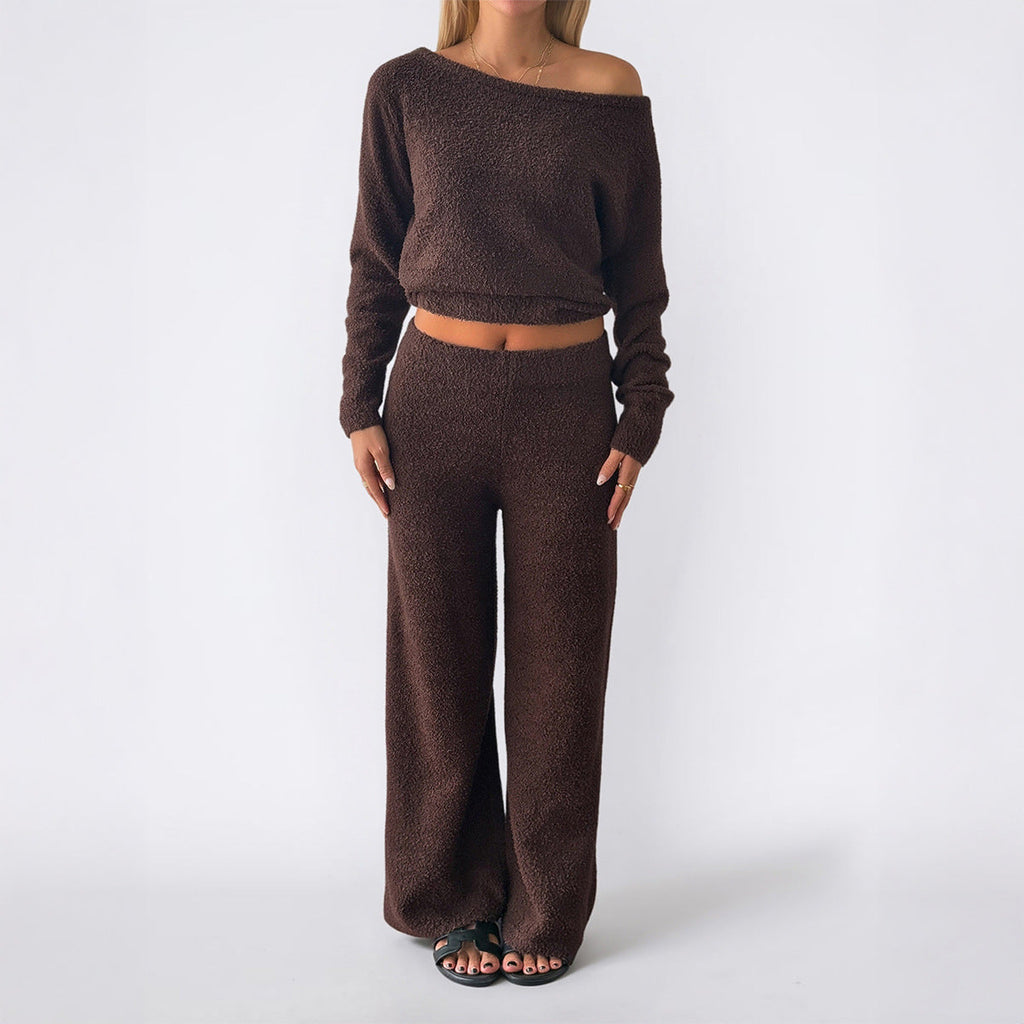 Women's Cozy Bouclé Lounge Set with One-Shoulder Crop Pullover and High-Waist Palazzo Pants
