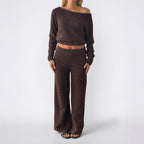 Women's Cozy Bouclé Lounge Set with One-Shoulder Crop Pullover and High-Waist Palazzo Pants