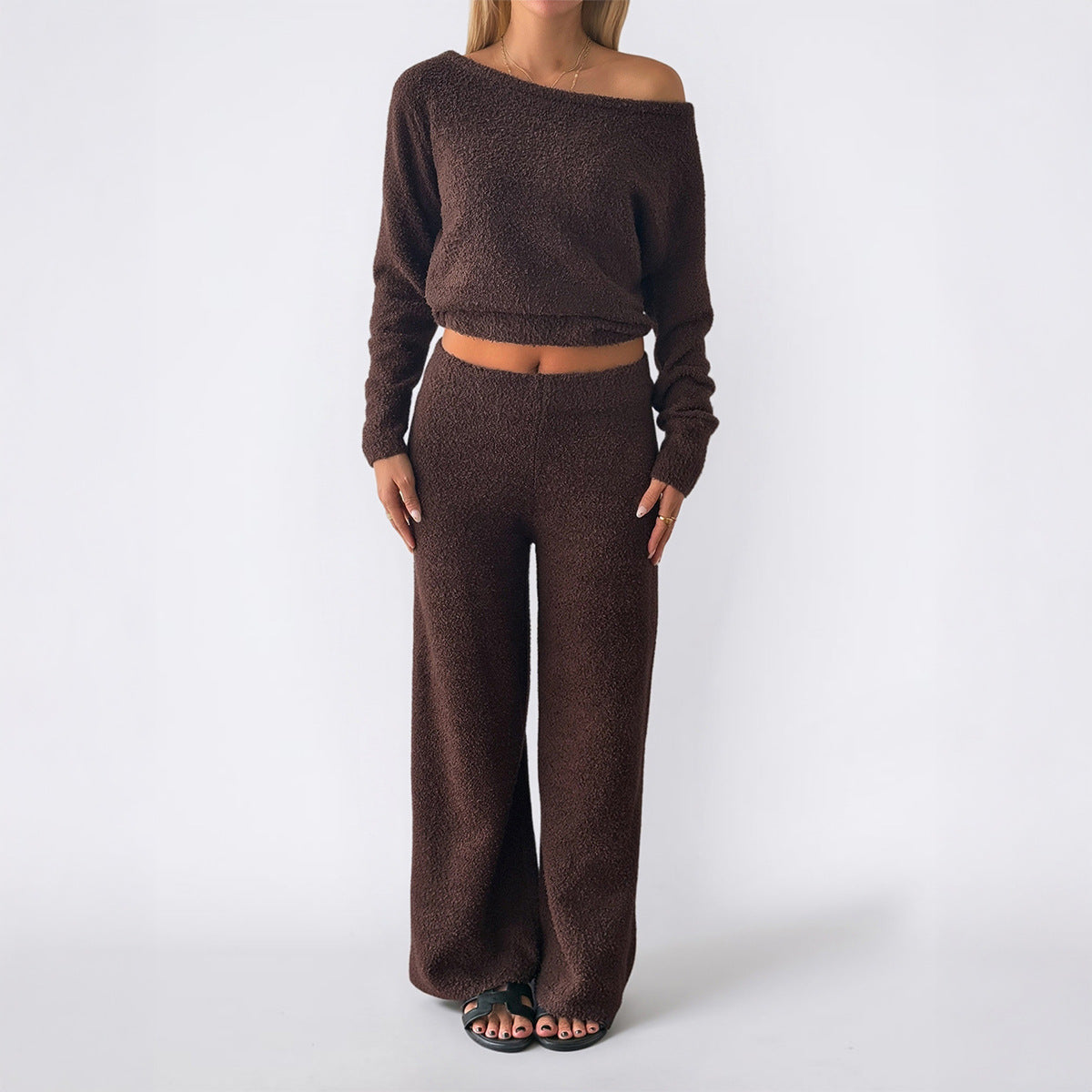 Women's Cozy Bouclé Lounge Set with One-Shoulder Crop Pullover and High-Waist Palazzo Pants