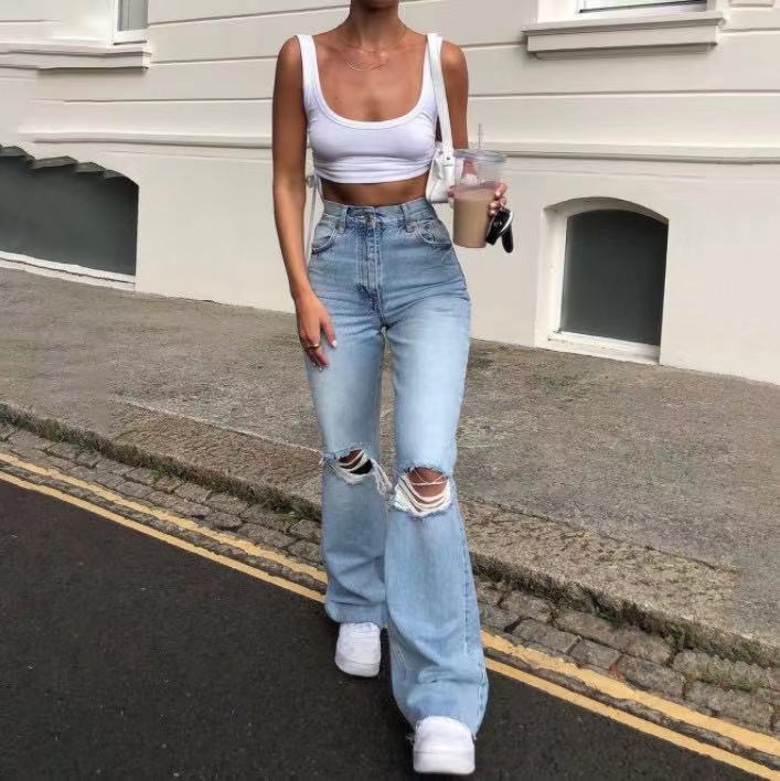 Women's Flared Jeans with Distressed Design