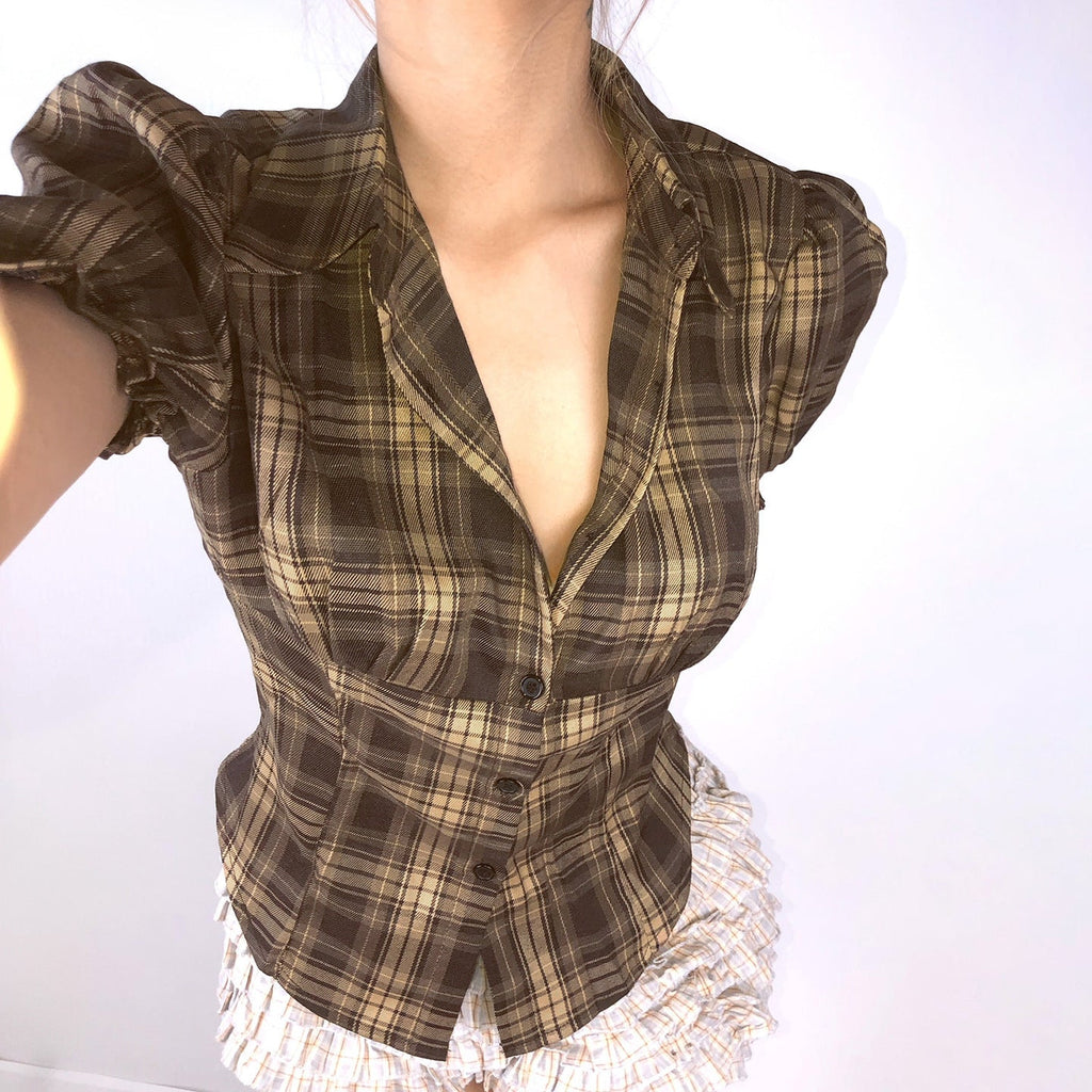 Women's Plaid Shirt with Puff Sleeves and Button Detail