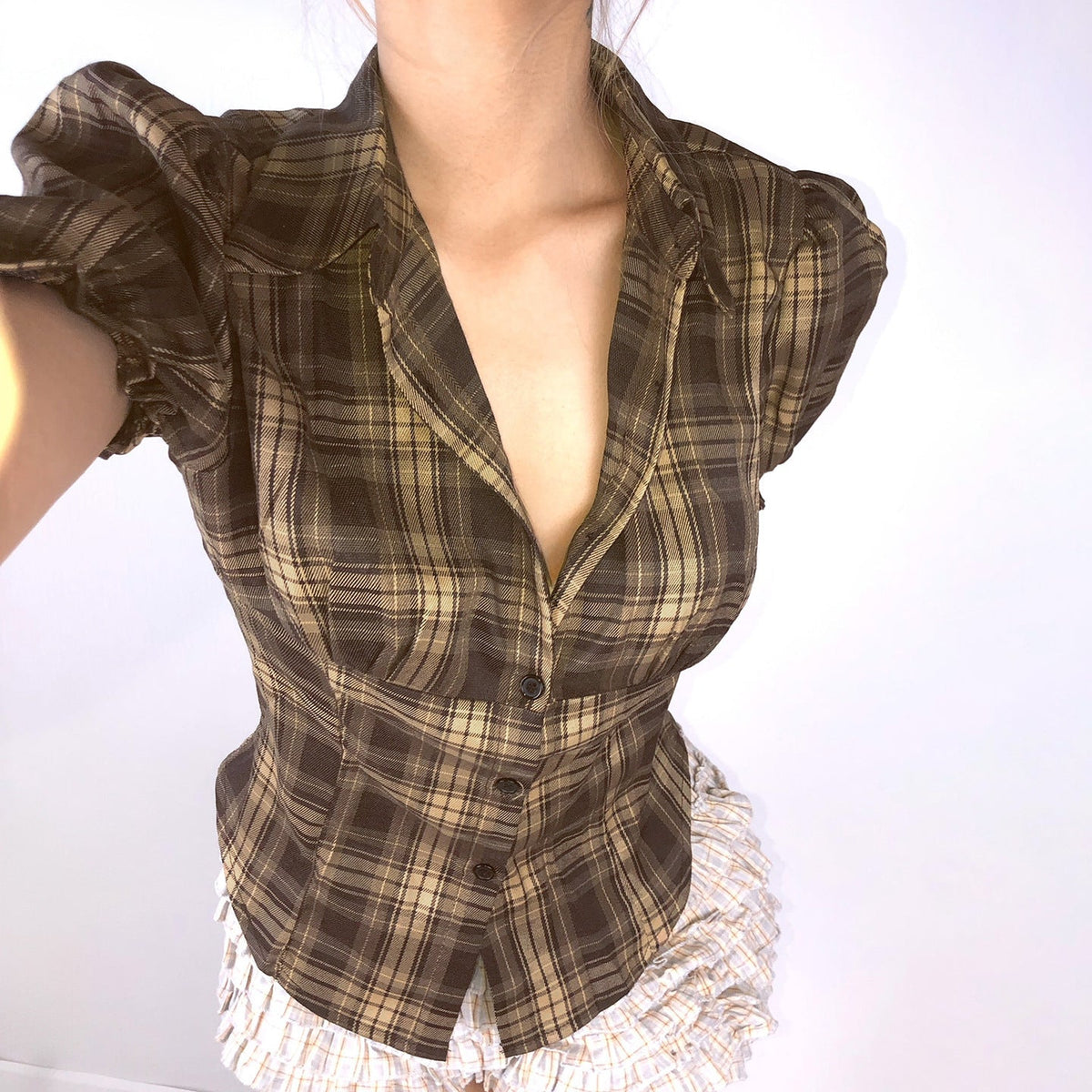 Women's Plaid Shirt with Puff Sleeves and Button Detail