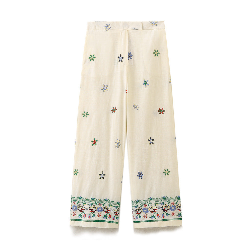 Women's Elegant Casual Wide-Leg Trousers with Floral Embroidery