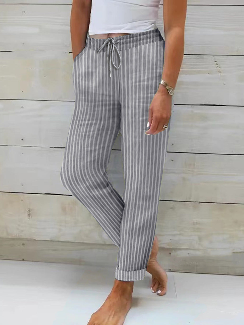 Women's Relaxed Cotton Striped Trousers with Adjustable Waist