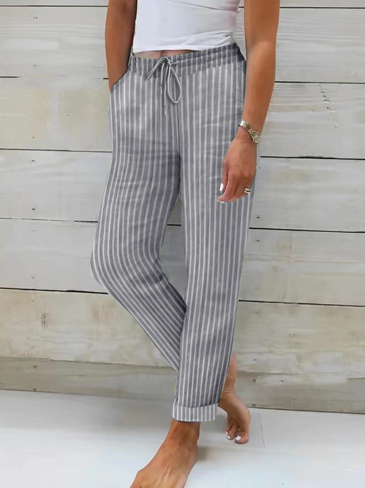 Women's Relaxed Cotton Striped Trousers with Adjustable Waist
