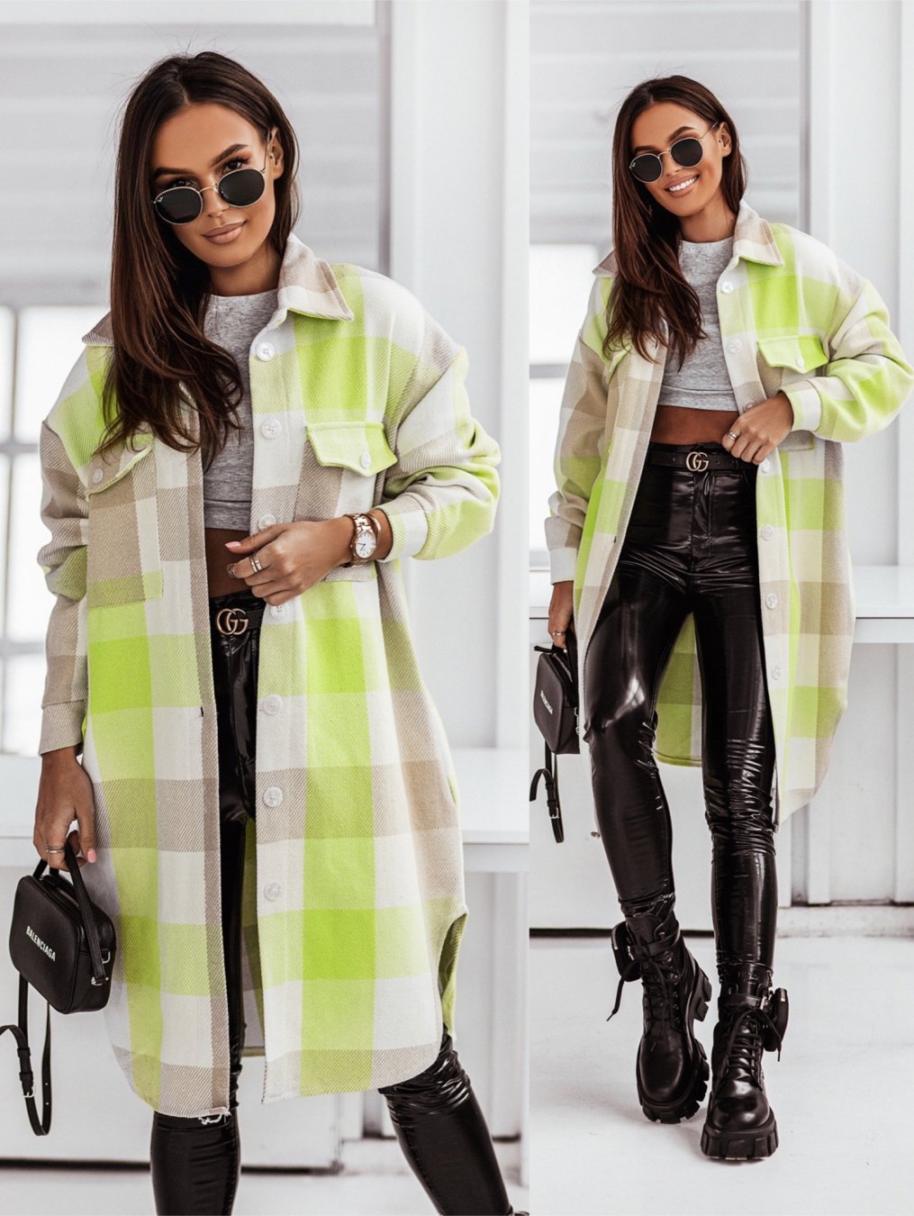 Women's Plaid Button-Front Coat with Rounded Hem