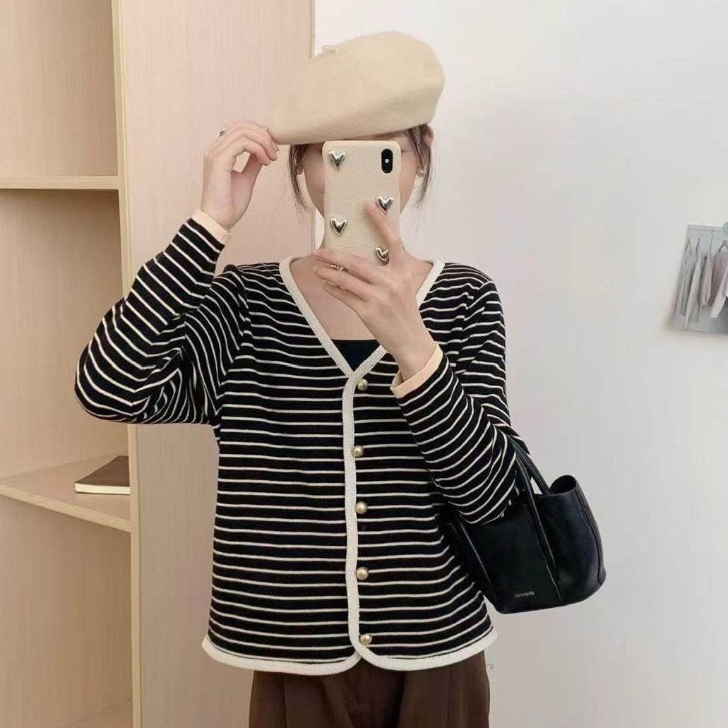 Women's Striped Cardigan with Buttons and V-Neck