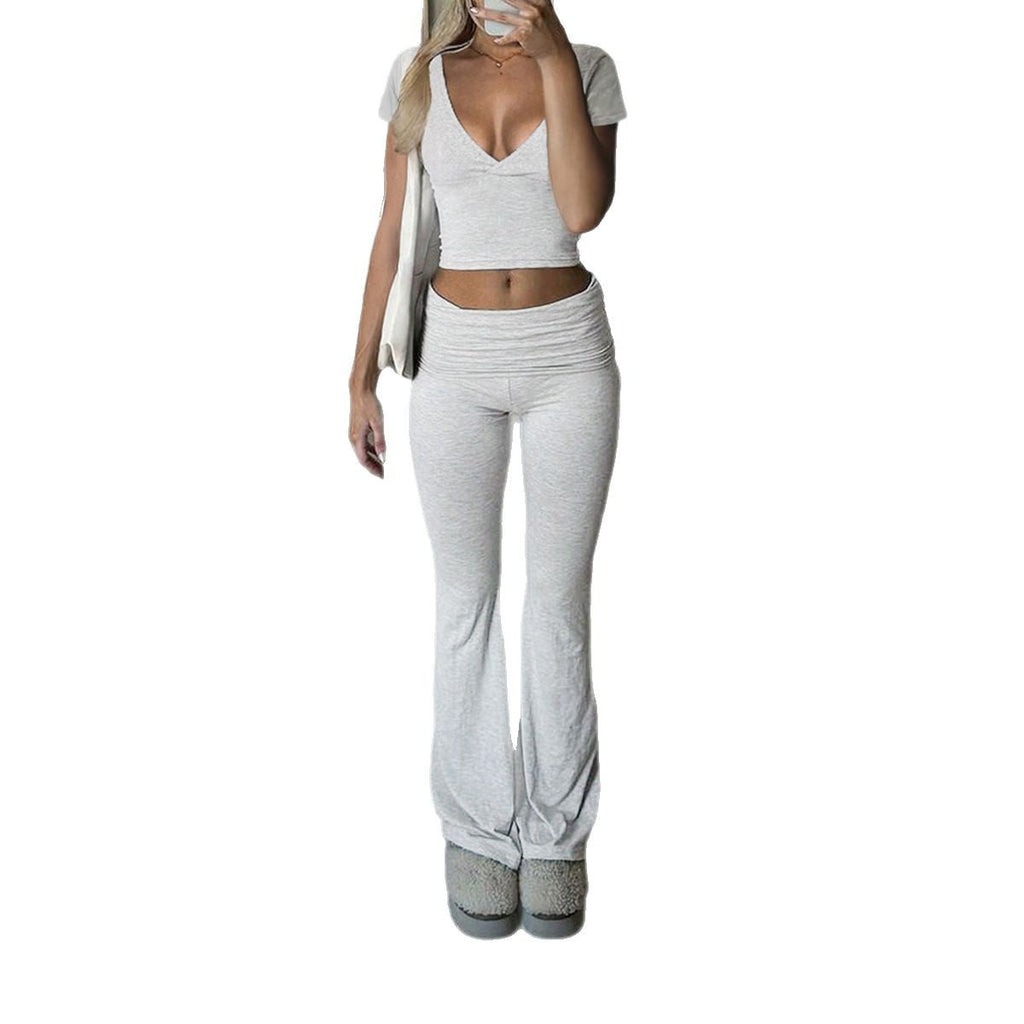 Women's Casual Two-Piece Lounge Set with Cropped Top and Bootcut Pants