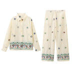 Women's Elegant Casual Wide-Leg Trousers with Floral Embroidery