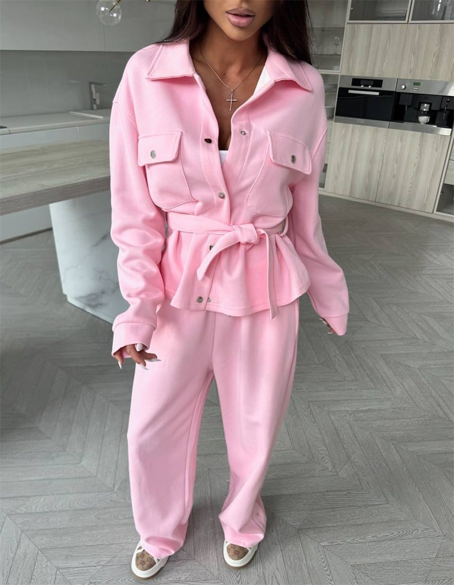 Women's Elegant Loungewear Set with Waist Belt and Practical Pockets