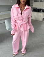 Women's Elegant Loungewear Set with Waist Belt and Practical Pockets