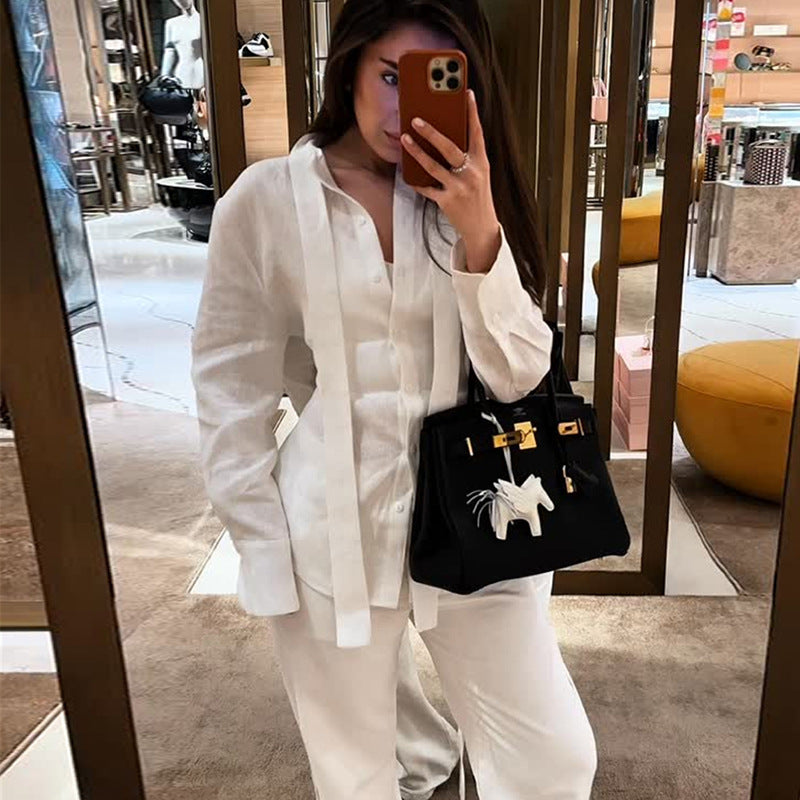 Casual Shirt Blouse Set with Tie Straps
